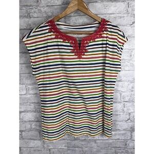 Talbots Knit Top White Multicolor Striped Notched V Neck‎ 100% Cotton Size MP